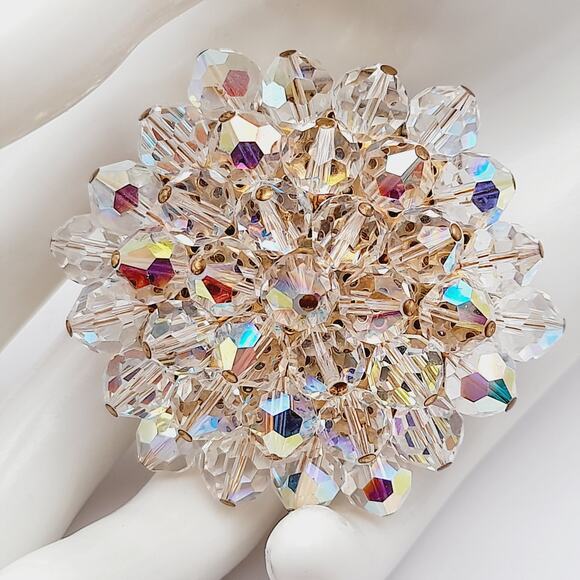 Vintage Crystal Aurora Borealis Clear Beaded 1960s Brooch - Picture 6 of 10